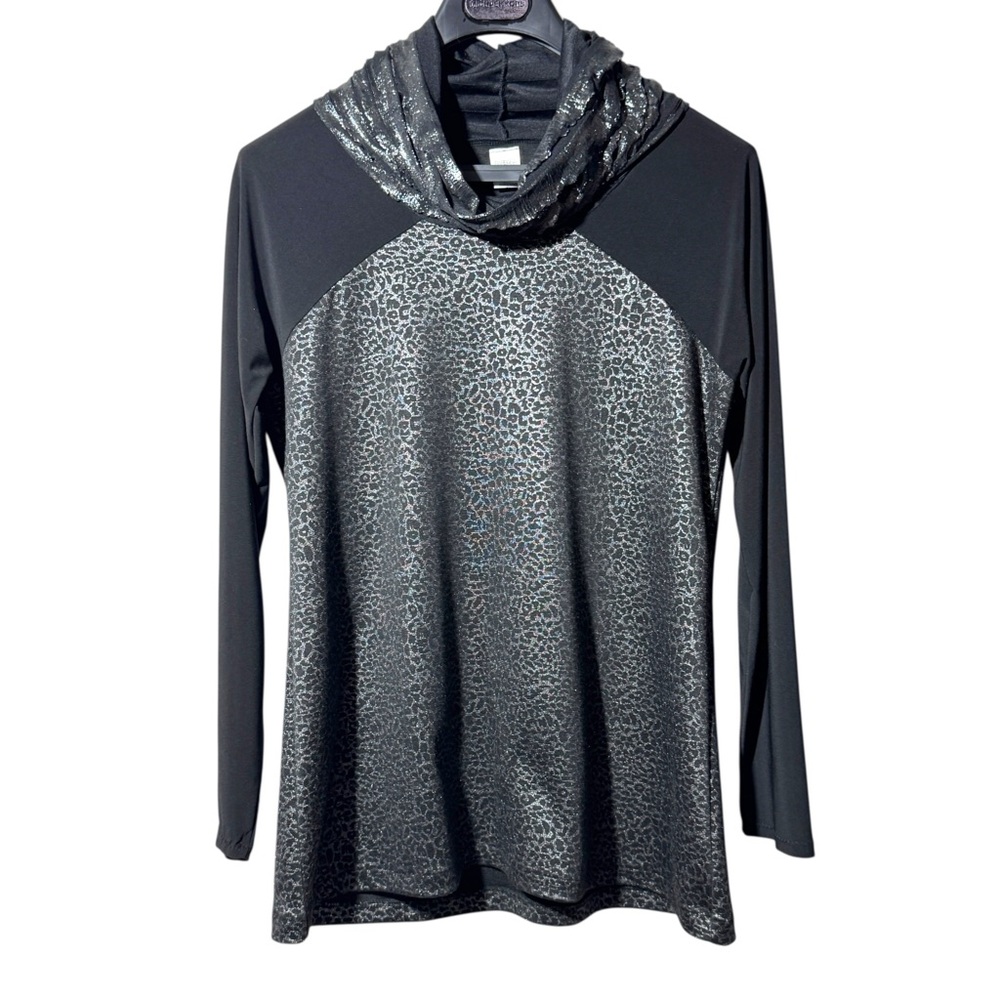 Barbara Top Large Holiday Going Out Leopard Print Long Sleeves Black Silver Cowl